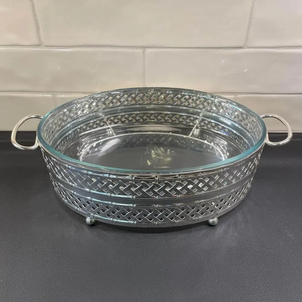 England Silverplated Bamboo Basketweave Vintage Pyrex Dish Holder